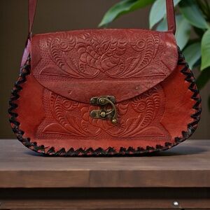 HANDMADE RED TOOLED LEATHER BOHO CROSSBODY TOOL BAG WITH BLACK WHIPSTITCH TRIM